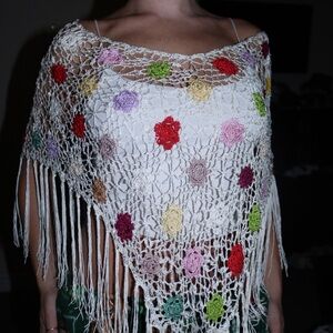 white / multicolor floral fringe crochet poncho with beaded details